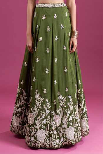 Shop_Samyukta Singhania_Green Tissue V-neck Sequinned And Zari Embroidered Lehenga Set _Online_at_Aza_Fashions