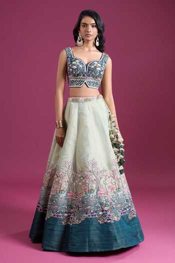 Samyukta Singhania_Green Net Sweetheart Neck Sequinned And Zari Embroidered Lehenga Set _Online_at_Aza_Fashions