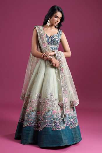 Shop_Samyukta Singhania_Green Net Sweetheart Neck Sequinned And Zari Embroidered Lehenga Set _Online_at_Aza_Fashions