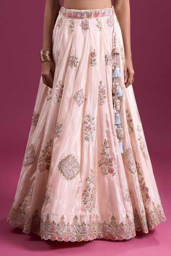 Buy_Samyukta Singhania_Peach Tissue Sweetheart Neck Sequinned And Zari Embroidered Lehenga Set _Online_at_Aza_Fashions