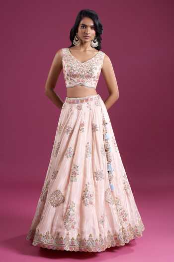 Shop_Samyukta Singhania_Peach Tissue Sweetheart Neck Sequinned And Zari Embroidered Lehenga Set _Online_at_Aza_Fashions