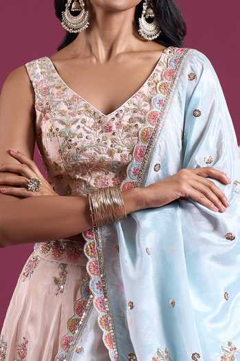 Samyukta Singhania_Peach Tissue Sweetheart Neck Sequinned And Zari Embroidered Lehenga Set _at_Aza_Fashions