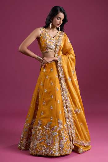 Buy_Samyukta Singhania_Yellow Tissue V-neck Sequinned And Zari Embroidered Lehenga Set _Online_at_Aza_Fashions