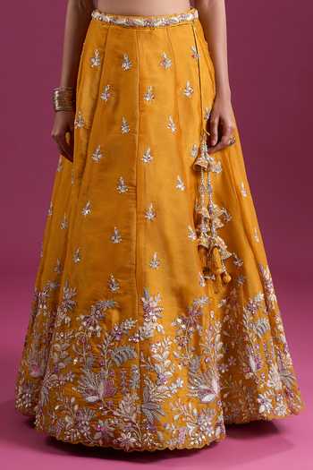 Shop_Samyukta Singhania_Yellow Tissue V-neck Sequinned And Zari Embroidered Lehenga Set _Online_at_Aza_Fashions