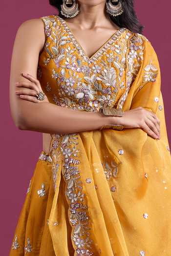 Samyukta Singhania_Yellow Tissue V-neck Sequinned And Zari Embroidered Lehenga Set _at_Aza_Fashions