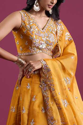 Buy_Samyukta Singhania_Yellow Tissue V-neck Sequinned And Zari Embroidered Lehenga Set 