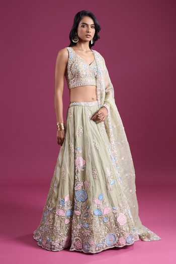 Buy_Samyukta Singhania_Green Tissue Sweetheart Neck Sequinned And Zari Embroidered Lehenga Set _Online_at_Aza_Fashions