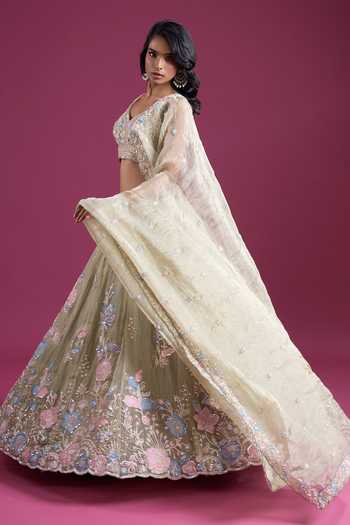 Shop_Samyukta Singhania_Green Tissue Sweetheart Neck Sequinned And Zari Embroidered Lehenga Set _Online_at_Aza_Fashions
