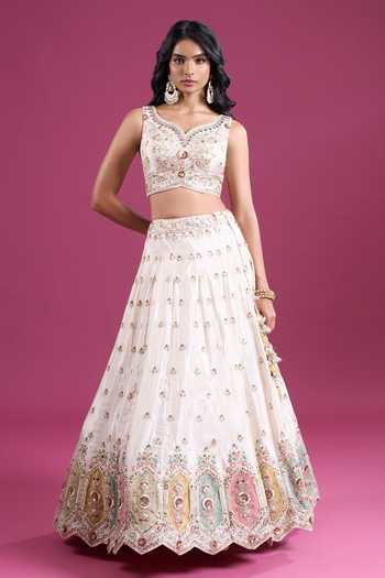 Buy_Samyukta Singhania_Cream Tissue Sweetheart Neck Sequinned And Zari Embroidered Lehenga Set _Online_at_Aza_Fashions