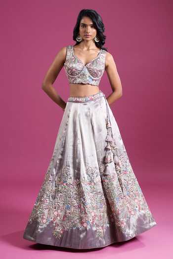 Shop_Samyukta Singhania_Purple Tissue Sweetheart Neck Sequins Embroidered Lehenga Set _Online_at_Aza_Fashions