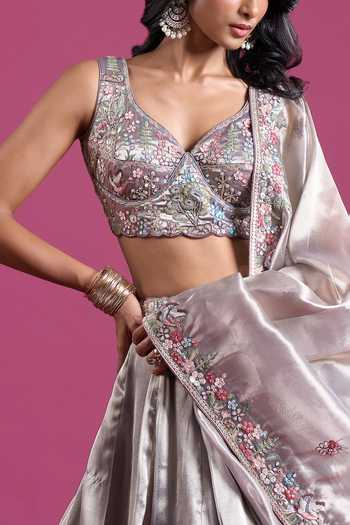 Buy_Samyukta Singhania_Purple Tissue Sweetheart Neck Sequins Embroidered Lehenga Set 