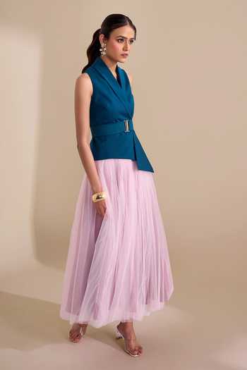 Shop_Naintara Bajaj_Pink Net Draped Structured Waistband Skirt 