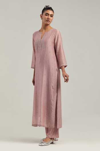 Kora_Pink Silk, Chanderi Round Neck Kurta And Pant Set _Online_at_Aza_Fashions