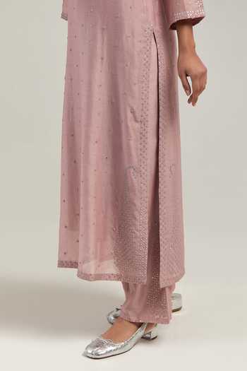 Buy_Kora_Pink Silk, Chanderi Round Neck Kurta And Pant Set _Online_at_Aza_Fashions