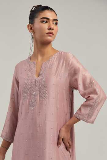 Shop_Kora_Pink Silk, Chanderi Round Neck Kurta And Pant Set _Online_at_Aza_Fashions