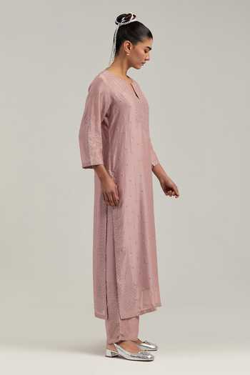 Kora_Pink Silk, Chanderi Round Neck Kurta And Pant Set _at_Aza_Fashions