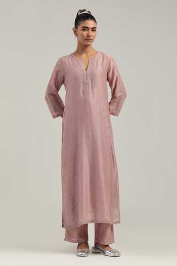 Buy_Kora_Pink Silk, Chanderi Round Neck Kurta And Pant Set 