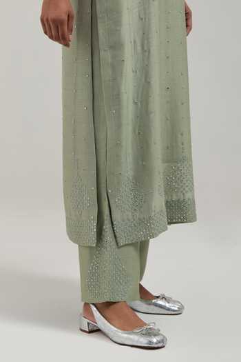 Kora_Green Silk, Chanderi, Cotton Round Neck Kurta Set _Online_at_Aza_Fashions