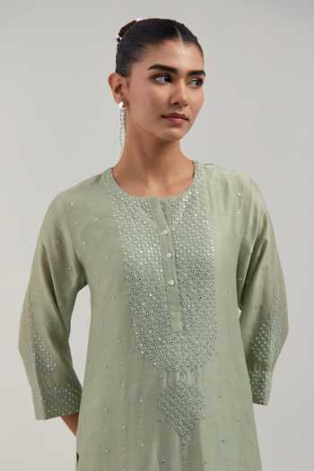 Buy_Kora_Green Silk, Chanderi, Cotton Round Neck Kurta Set _Online_at_Aza_Fashions
