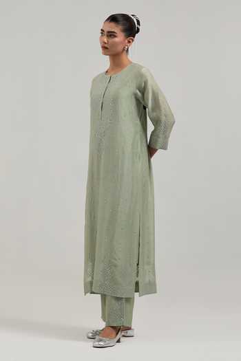 Shop_Kora_Green Silk, Chanderi, Cotton Round Neck Kurta Set _Online_at_Aza_Fashions