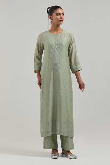 Kora_Green Silk, Chanderi, Cotton Round Neck Kurta Set _at_Aza_Fashions