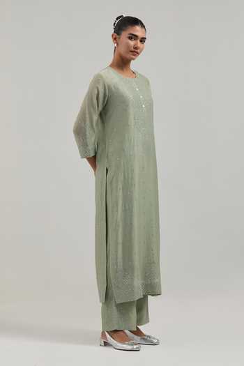 Buy_Kora_Green Silk, Chanderi, Cotton Round Neck Kurta Set 