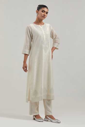 Kora_Off White Silk, Chanderi, Cotton Round Neck Kurta Set _at_Aza_Fashions