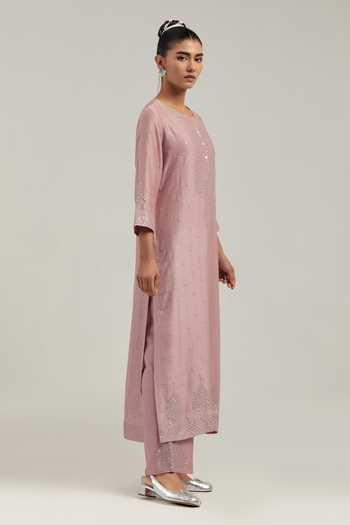 Kora_Pink Silk, Chanderi, Cotton Round Neck Kurta And Pant Set _Online_at_Aza_Fashions