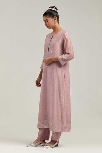 Buy_Kora_Pink Silk, Chanderi, Cotton Round Neck Kurta And Pant Set _Online_at_Aza_Fashions