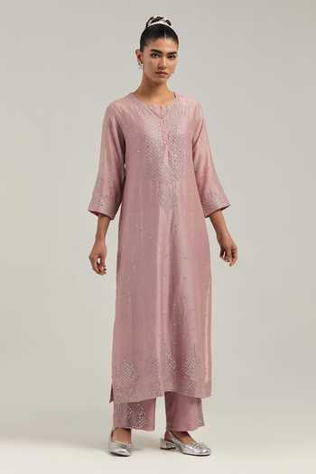 Shop_Kora_Pink Silk, Chanderi, Cotton Round Neck Kurta And Pant Set _Online_at_Aza_Fashions
