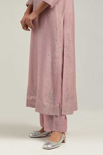 Kora_Pink Silk, Chanderi, Cotton Round Neck Kurta And Pant Set _at_Aza_Fashions
