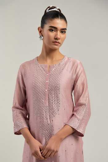 Buy_Kora_Pink Silk, Chanderi, Cotton Round Neck Kurta And Pant Set 