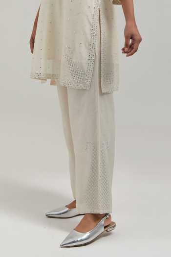 Kora_Off White Silk, Chanderi, Cotton Round Neck Sequin Work Kurta Set _Online_at_Aza_Fashions