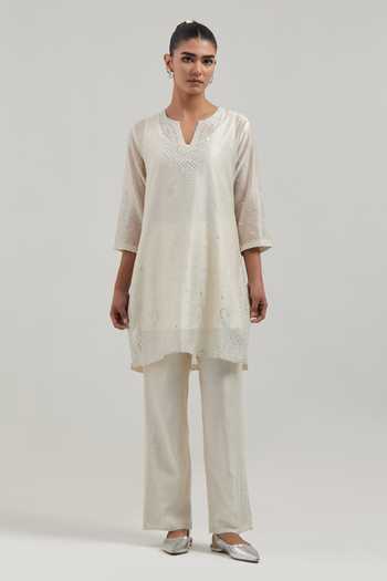 Kora_Off White Silk, Chanderi, Cotton Round Neck Sequin Work Kurta Set _at_Aza_Fashions