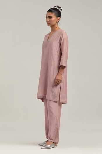 Kora_Pink Silk, Chanderi, Cotton Round Neck Kurta And Pant Set _Online_at_Aza_Fashions