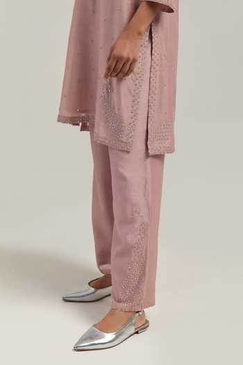 Buy_Kora_Pink Silk, Chanderi, Cotton Round Neck Kurta And Pant Set _Online_at_Aza_Fashions