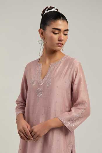 Shop_Kora_Pink Silk, Chanderi, Cotton Round Neck Kurta And Pant Set _Online_at_Aza_Fashions