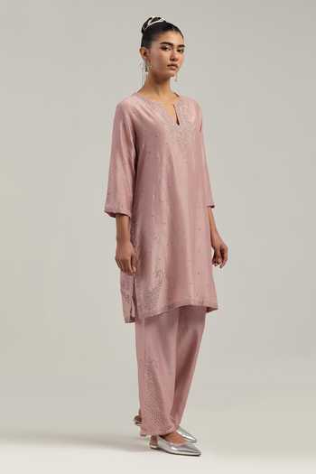 Kora_Pink Silk, Chanderi, Cotton Round Neck Kurta And Pant Set _at_Aza_Fashions