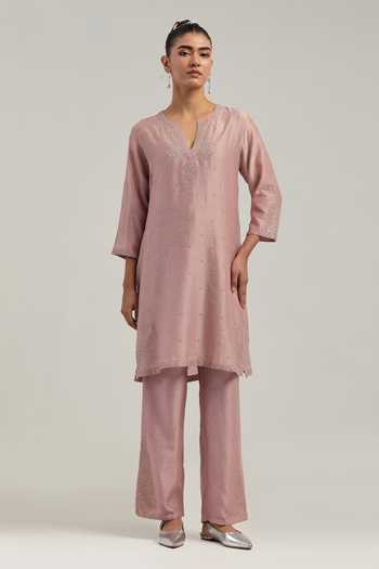 Buy_Kora_Pink Silk, Chanderi, Cotton Round Neck Kurta And Pant Set 