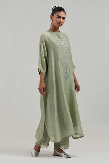 Kora_Green Silk, Chanderi, Cotton Round Neck Kaftan And Pant Set _Online_at_Aza_Fashions