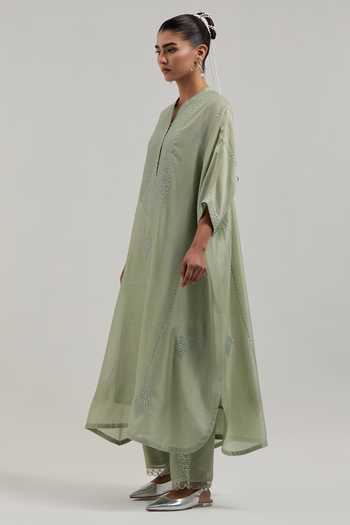 Buy_Kora_Green Silk, Chanderi, Cotton Round Neck Kaftan And Pant Set _Online_at_Aza_Fashions