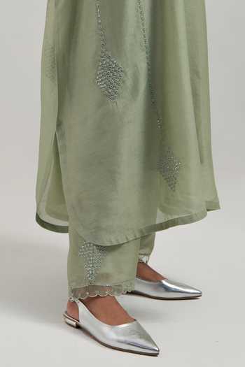 Shop_Kora_Green Silk, Chanderi, Cotton Round Neck Kaftan And Pant Set _Online_at_Aza_Fashions