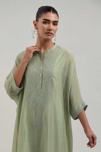 Kora_Green Silk, Chanderi, Cotton Round Neck Kaftan And Pant Set _at_Aza_Fashions