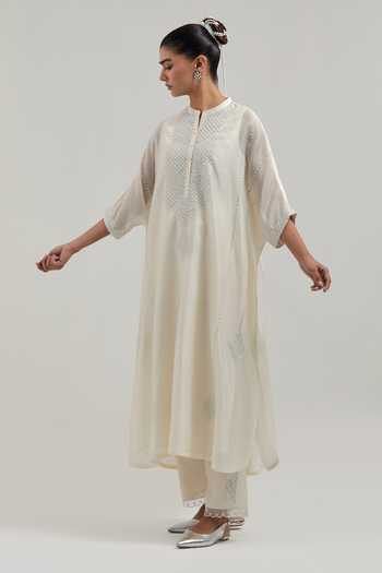 Kora_Off White Silk, Chanderi, Cotton Mandarin Collar Kaftan Set _Online_at_Aza_Fashions