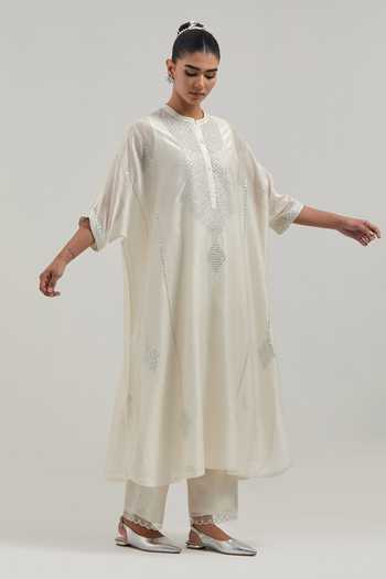 Shop_Kora_Off White Silk, Chanderi, Cotton Mandarin Collar Kaftan Set _Online_at_Aza_Fashions