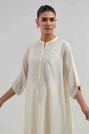 Kora_Off White Silk, Chanderi, Cotton Mandarin Collar Kaftan Set _at_Aza_Fashions