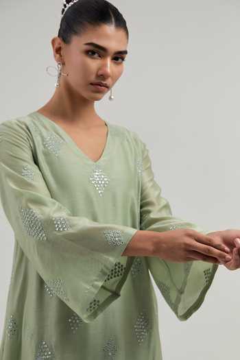 Kora_Green Silk, Chanderi, Cotton V-neck, Yes Kurta Set _at_Aza_Fashions