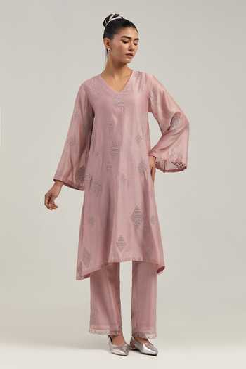 Kora_Pink Silk, Chanderi, Cotton, Organza V-neck Embroidered Kurta And Pant Set _Online_at_Aza_Fashions