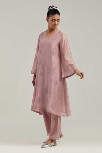 Buy_Kora_Pink Silk, Chanderi, Cotton, Organza V-neck Embroidered Kurta And Pant Set _Online_at_Aza_Fashions