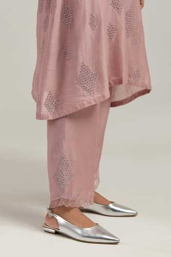 Shop_Kora_Pink Silk, Chanderi, Cotton, Organza V-neck Embroidered Kurta And Pant Set _Online_at_Aza_Fashions